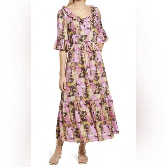 Sam Edelman | Dresses | Sam Edelman Pink Brown Floral Print Trapeze Maxi  Dress Size Small | Poshmark